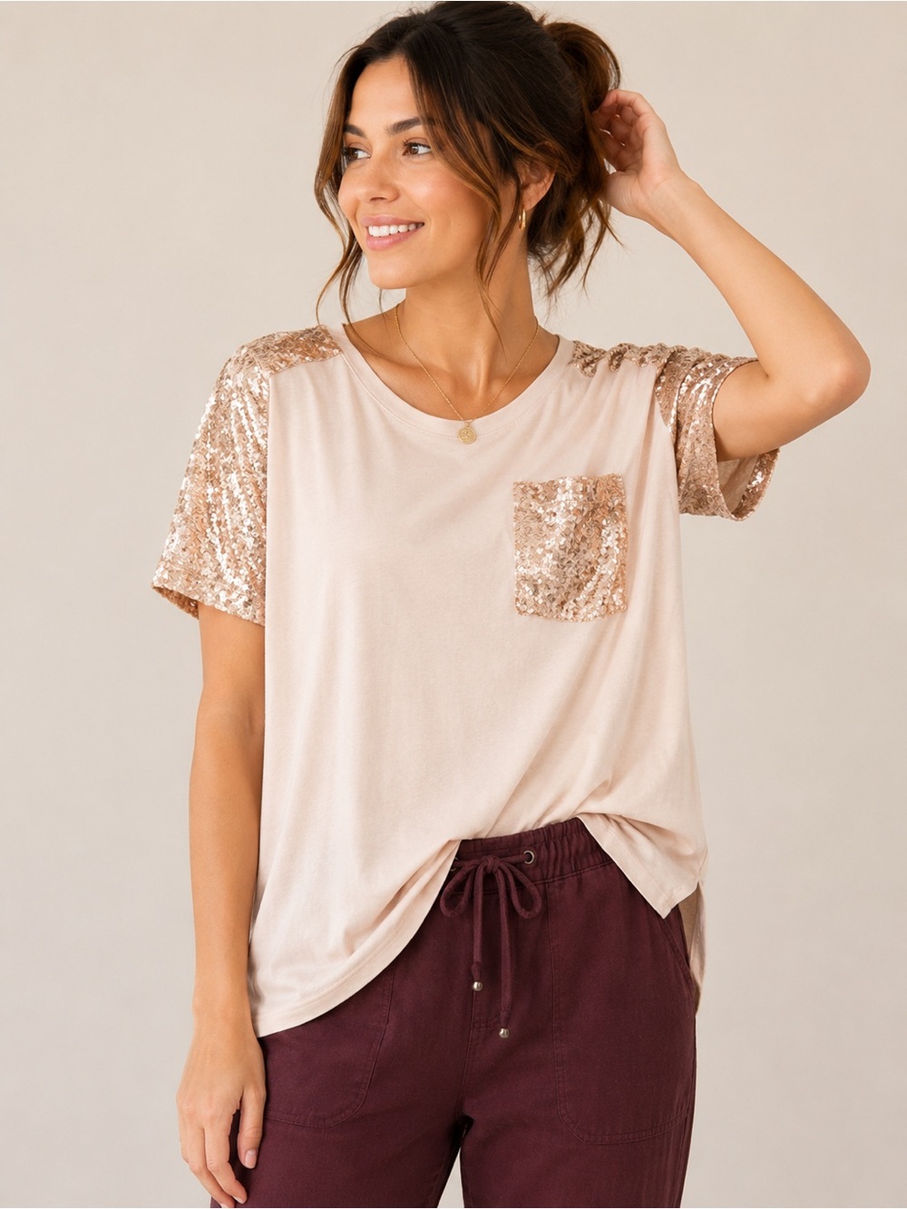 POL Rose Gold Sequin Pocket Tee Blush Pink Short Sleeve Top Medium